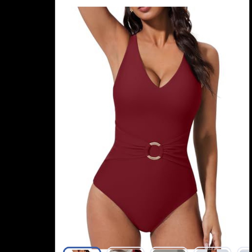 SUUKSESS Women Retro One Piece Swimsuit Gold Metal Tummy Control Wine Red,M nwt